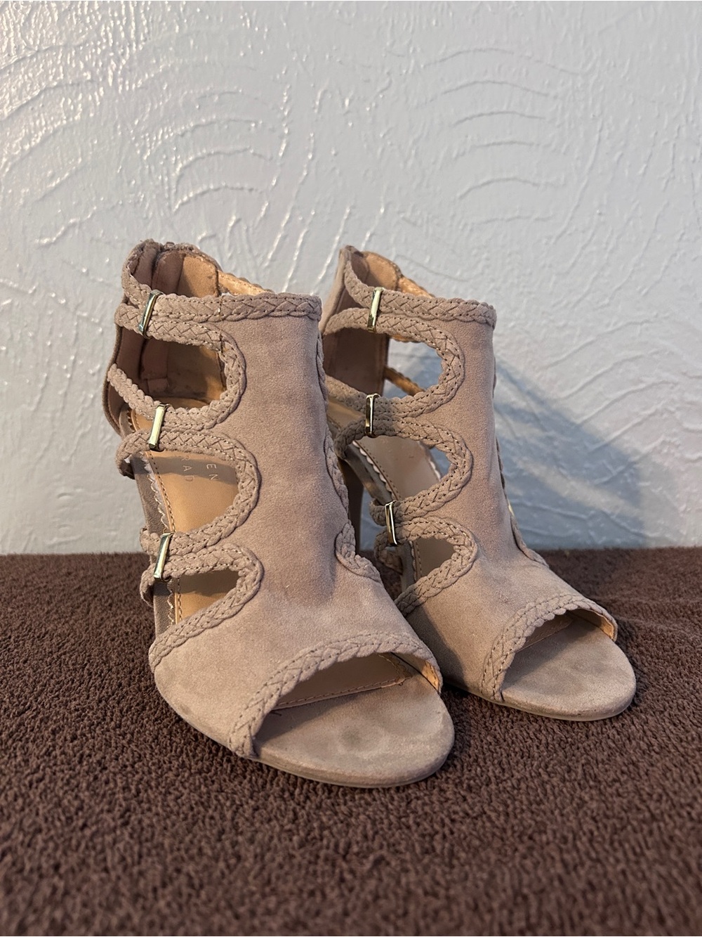 LC Lauren Conrad Taupe Suede Cutout Braided Peep-Toe Heels
